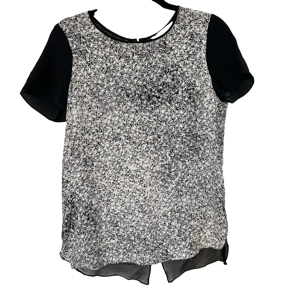 Rebecca Taylor Black White Ombre Floral Print Short Sleeve Silk Blouse Top Sz 6